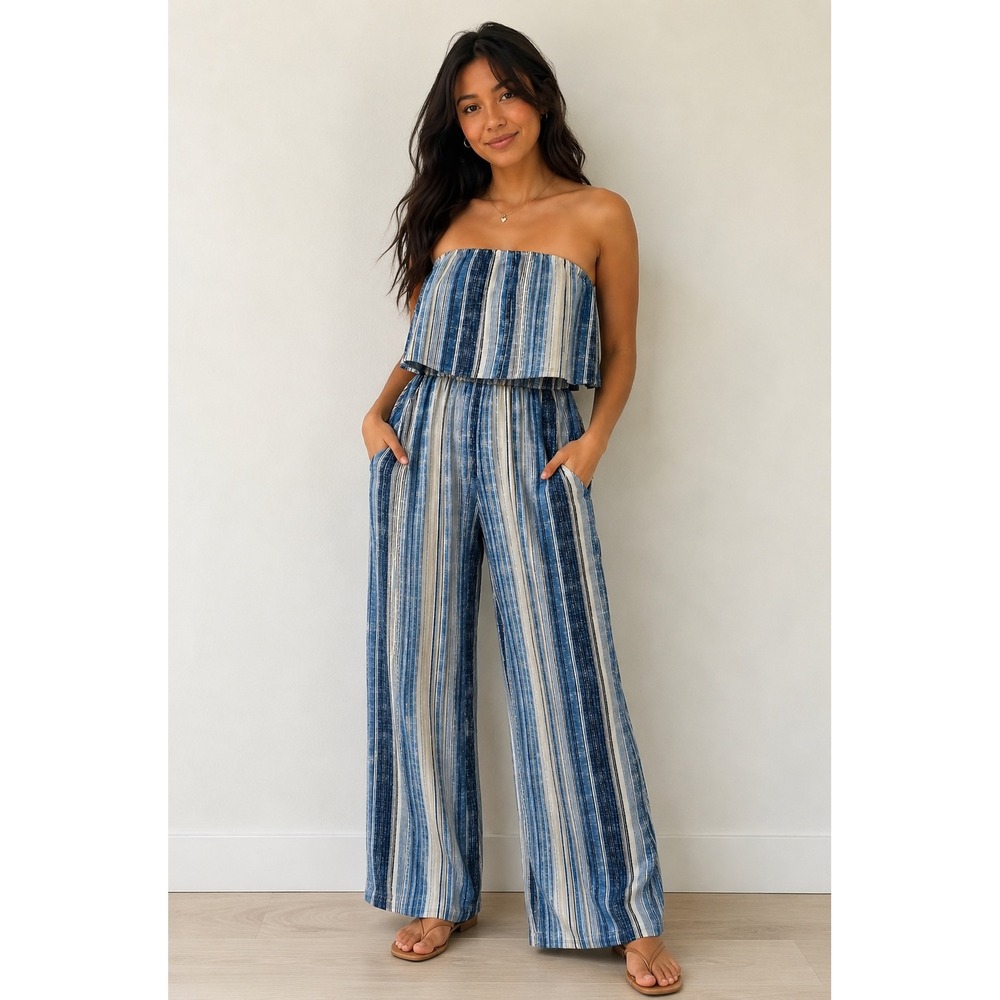 Bebop Blue Striped Strapless Popover Wide Leg Jumpsuit Womens Small Pockets